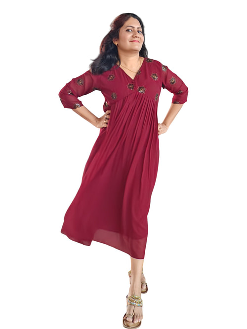 Semmalligai - A-line Georgette Designer Dress - Maroon