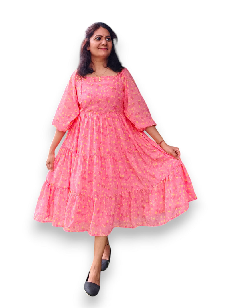 Pavalamalli - Peach and Yellow - Georgette 3 Tier Dress with Shirring Back Pavalamalli - Peach and Yellow - Georgette 3 Tier Dress with Shirring Back