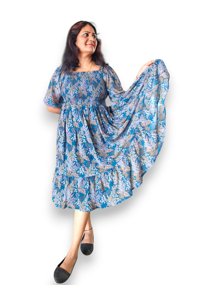 Mugilvaani - Teal Blue - Georgette Shirring Yoke Fit & Flare Dress Mugilvaani - Teal Blue - Georgette Shirring Yoke Fit & Flare Dress