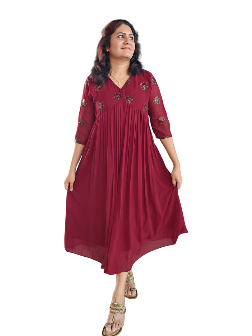Semmalligai - A-line Georgette Designer Dress - Maroon Semmalligai - A-line Georgette Designer Dress - Maroon
