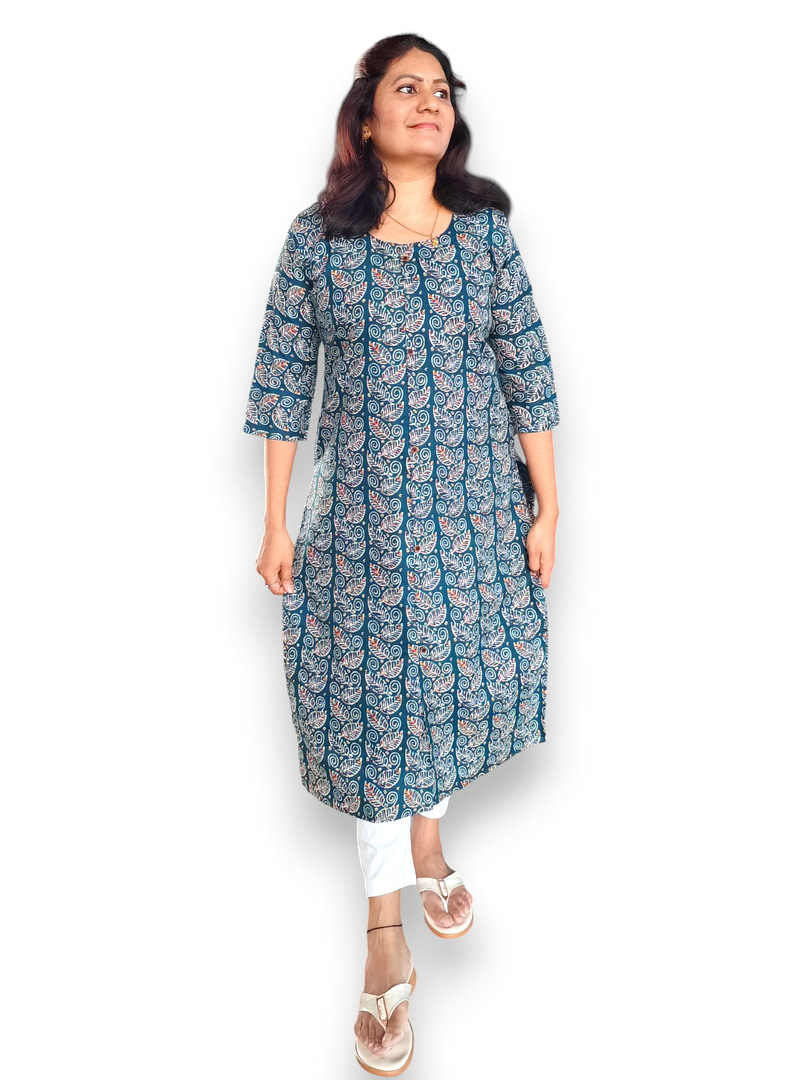 Teal Blue Kurta - Kalamkari - Cotton - Top Only Teal Blue Kurta - Kalamkari - Cotton - Top Only