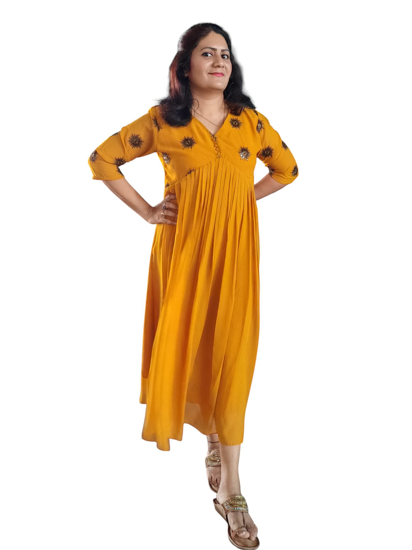 Manjal Malligai - A-line Georgette Designer Dress - Mustard Yellow Manjal Malligai - A-line Georgette Designer Dress - Mustard Yellow