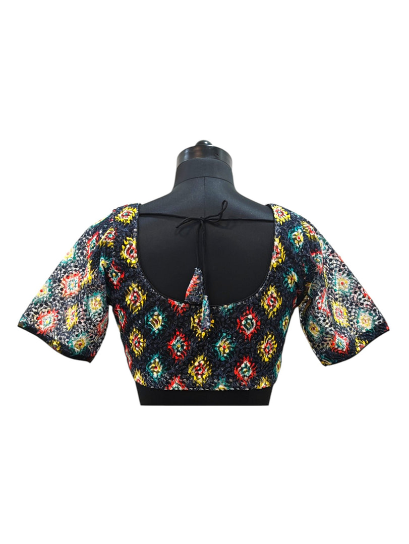 Multicolor Embroidery with Transparent Chamki work - Black - Elbow Sleeve Blouse