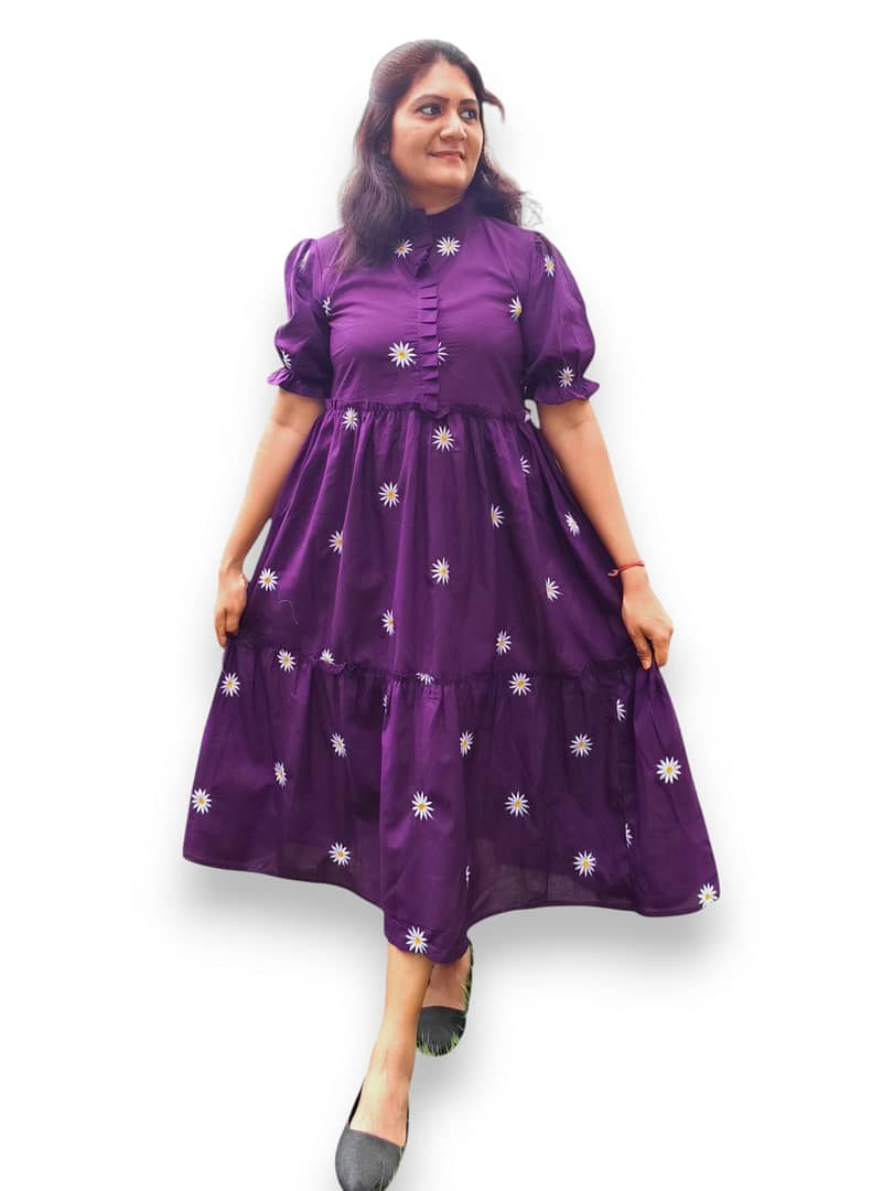 Purple Cotton Tired Gathered Dress