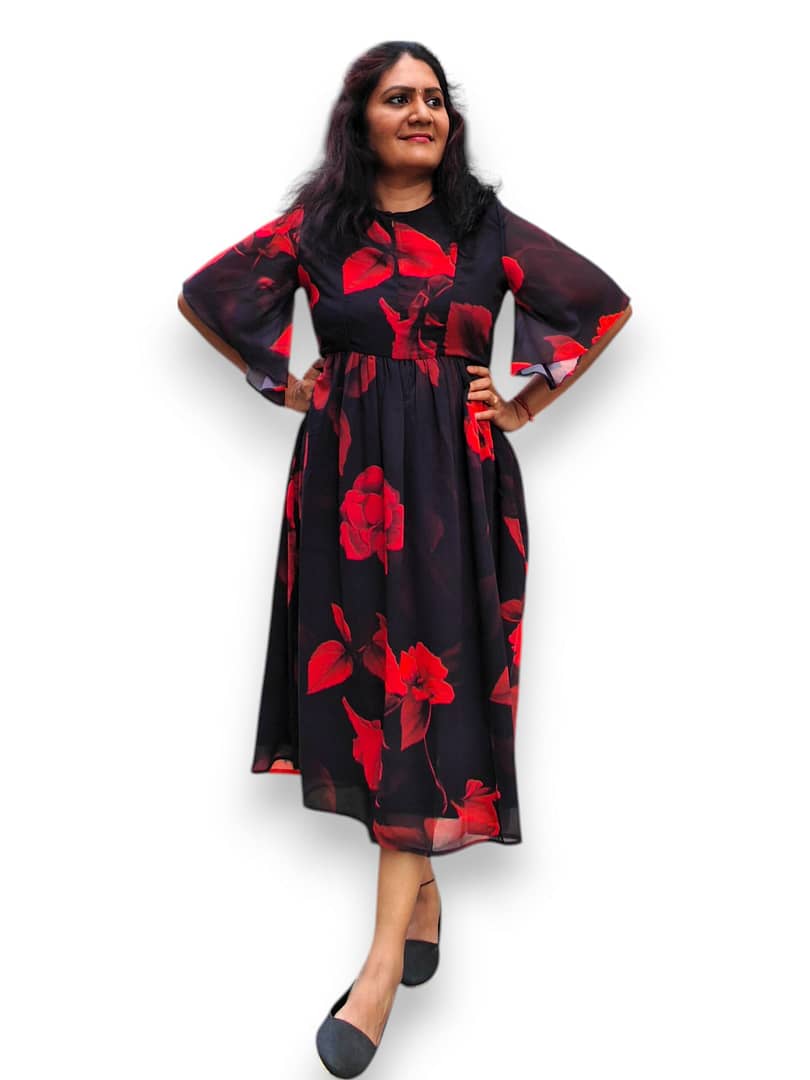 Black and Red Georgette Gathered Dress