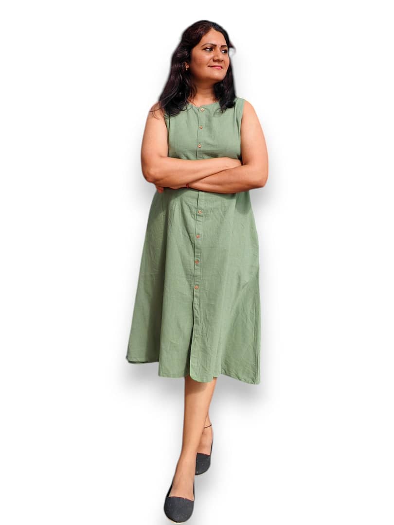 Olive Green Cotton Sleeveless A line Dress