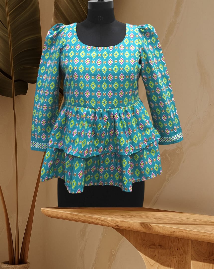 Atasan Peplum Kapas Biru